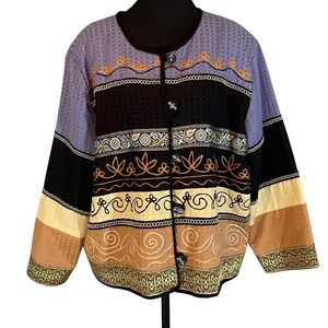 Julia Kim Women XL Embroidered Boho Art to Wear Jacket Blue Black Cotton Rayon